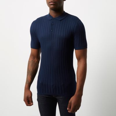 Dark blue ribbed muscle fit polo shirt